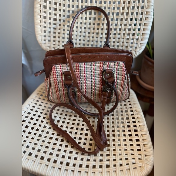 Vintage Woven Satchel Purse Boho Coastal Tote Faux Leather Removable Crossbody - Picture 4 of 13